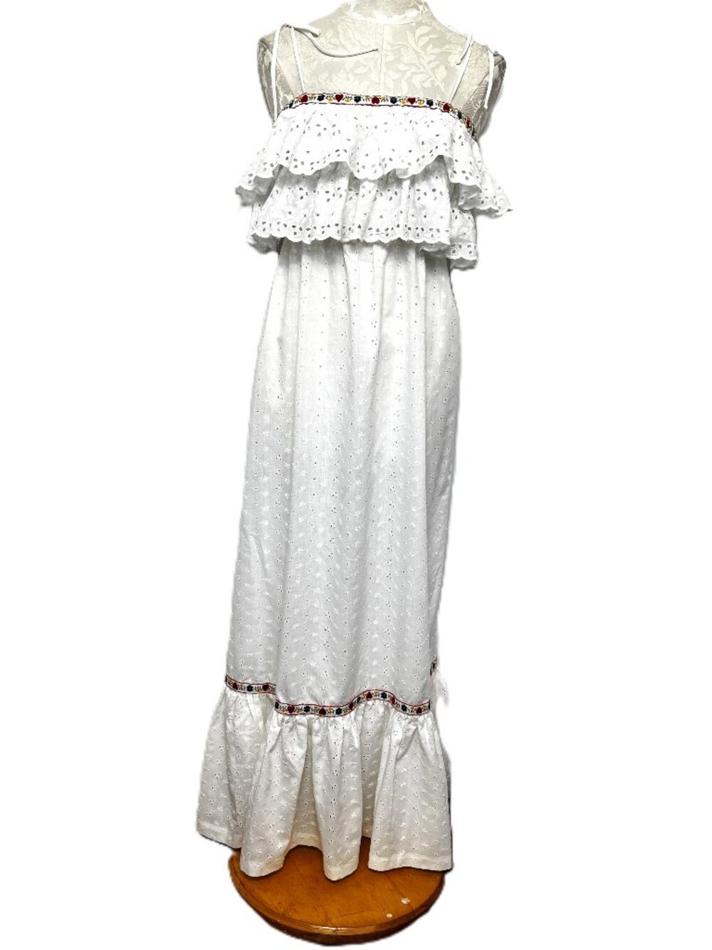 VTG 70’s Vicky Vaughn White Cotton Eyelet Maxi Boho Prairie Sundress Sz Sml